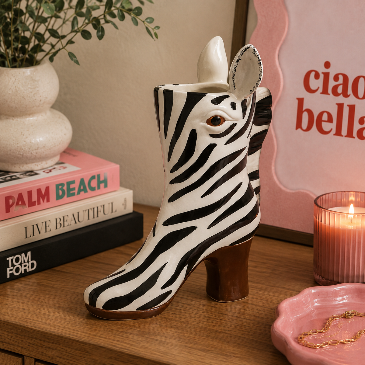 Medium Zebra Head Heeled-Boot Ceramic Vase 28cm