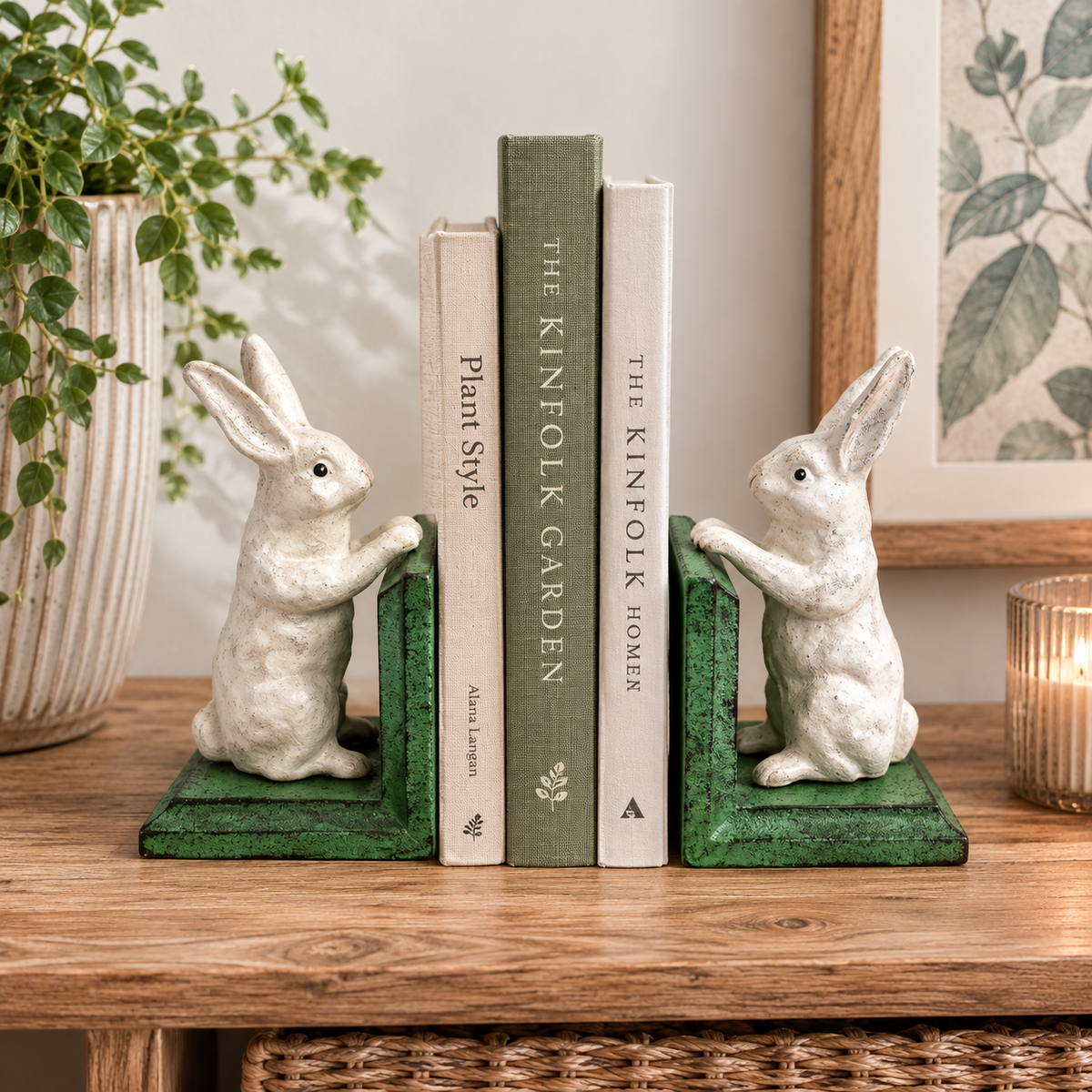 Cast Iron Antiqued Pair of White Rabbit Bookends 15.5cm each