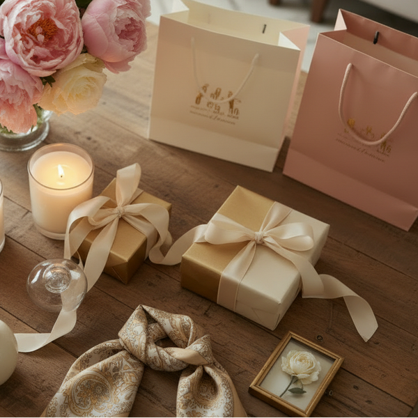 A styled gift table setting in a bright living room, featuring a bouquet of pink and white peonies, lit candles, wrapped gift boxes with gold ribbons, and two gift bags (one pink, one cream with a gold bow) on a rustic wooden coffee table.